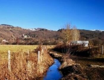 Les prairies de la vallée sous le gîte avec canaux d'irrigation vers la rivière
